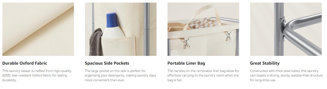 SONGMICS HOME Laundry Basket with Wheels, Rectangular Rolling Laundry Hamper, Removable Liner, Steel Frame with Handle, Storage, Organiser