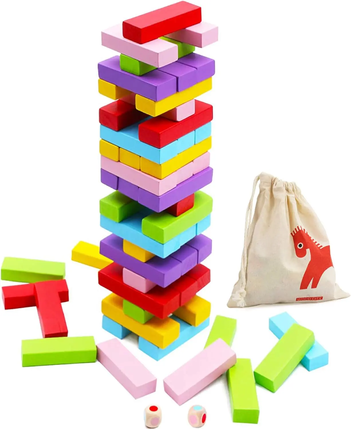 Wooden Colorful Stacking Board Games Builing Blocks for Kids Boys Girls, 54 Pcs Wood Balancing Blocks Montessori Toy Gift for Kids, Classic Game for Party with Storage Bag