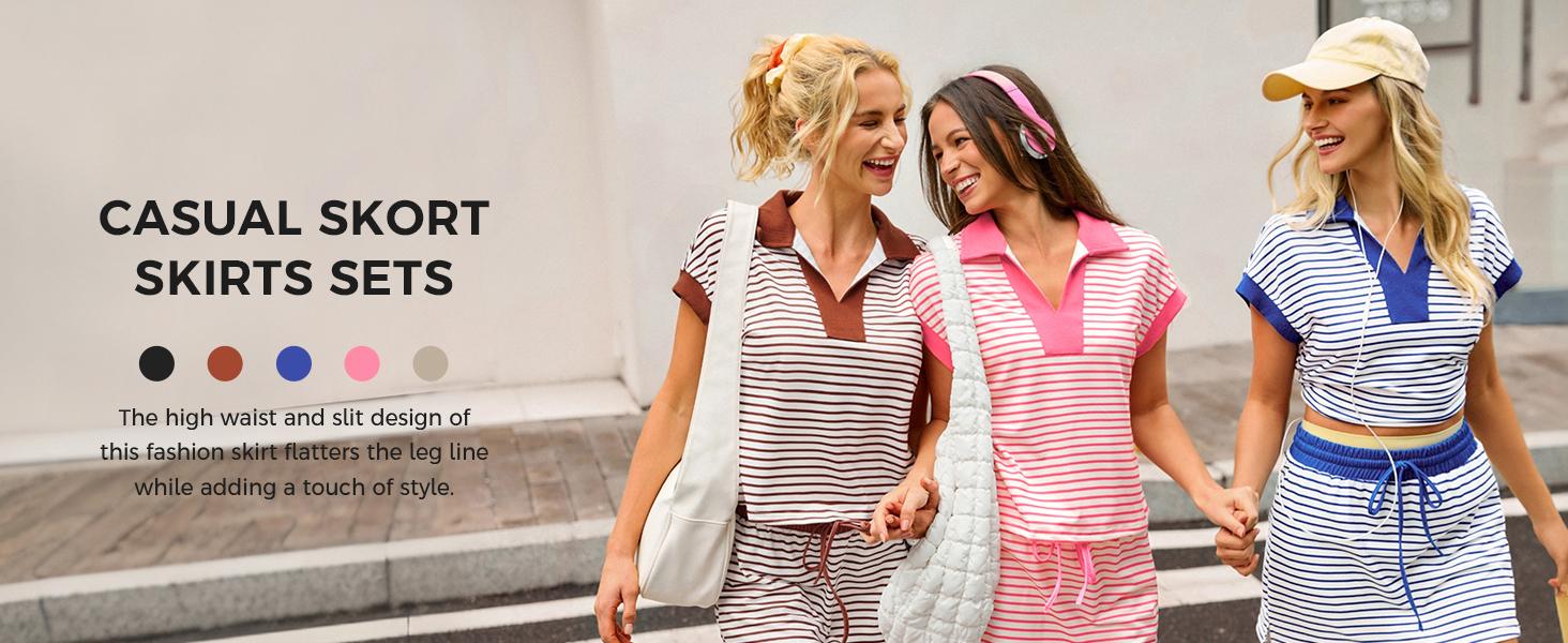 Fisoew Striped 2 Piece Outfits Casual Sweatshirt Skirt Set Long Sleeve Skort Workout Set Matching Lounge Sets Women's Matching Sets Women #Springtok #TikTokShopHolidayHaul #TikTokShopJumpstartSale Fabrics Elastic two piece set Elegance Shorts