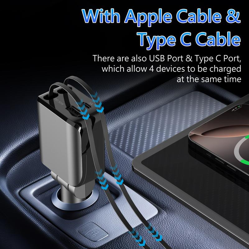 4-in-1 Retractable Car Charger, 60W USB-C Fast Car Phone Charger with Auto-Retractable Cables & Dual Ports, for iPhone, Galaxy S Series, iPad, AirPods & More