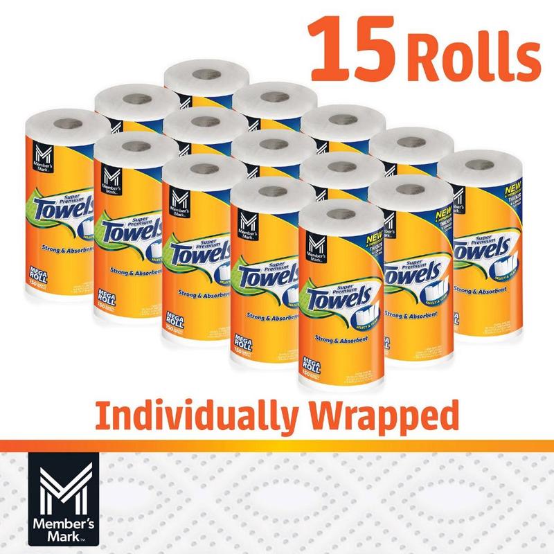 Super Premium 2-Ply Select & Tear Paper Towels, 15 Mega Rolls, Strong & Absorbent, 150 Sheets per Roll, Thick & Long Lasting – Member’s Mark