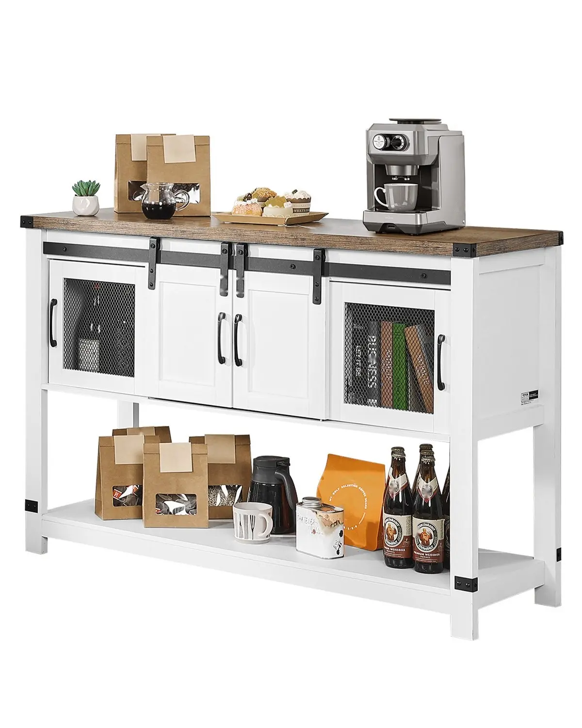 47-Inch Farmhouse Coffee Bar Cabinet With Storage, Barn Doors Coffee Bar Table, Rustic Sideboard Buffet Cabinet For Living Room And Entryway, Home Bar Storage Console With Adjustable Shelves