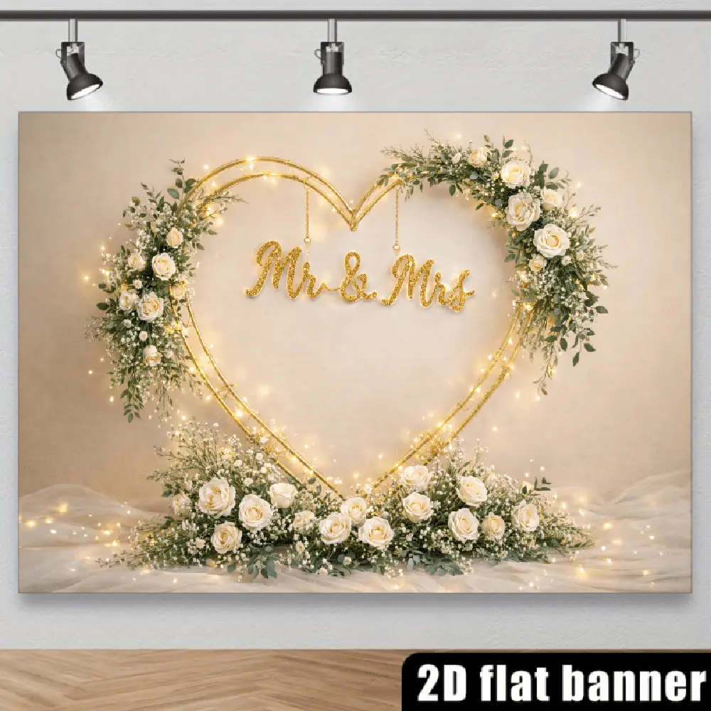2D Flat Polyester Wall Photography Backdrop Banner, HD Digitally Printed with Romantic Gold Heart, "Mr. & Mrs." Text, White Floral Roses, Greenery, Fairy Lights, Soft Lightweight for Wedding Events, Romantic Couples Gifts for Couple
