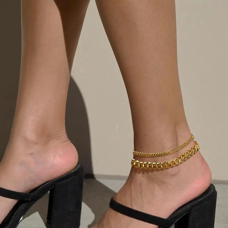 Women's Waterproof Chunky Cuban Link Anklet Set - Hypoallergenic Gold-Plated Copper, Nickel-Free Metal, Antitarnish Plated Silver Fashion Accessory for Halloween