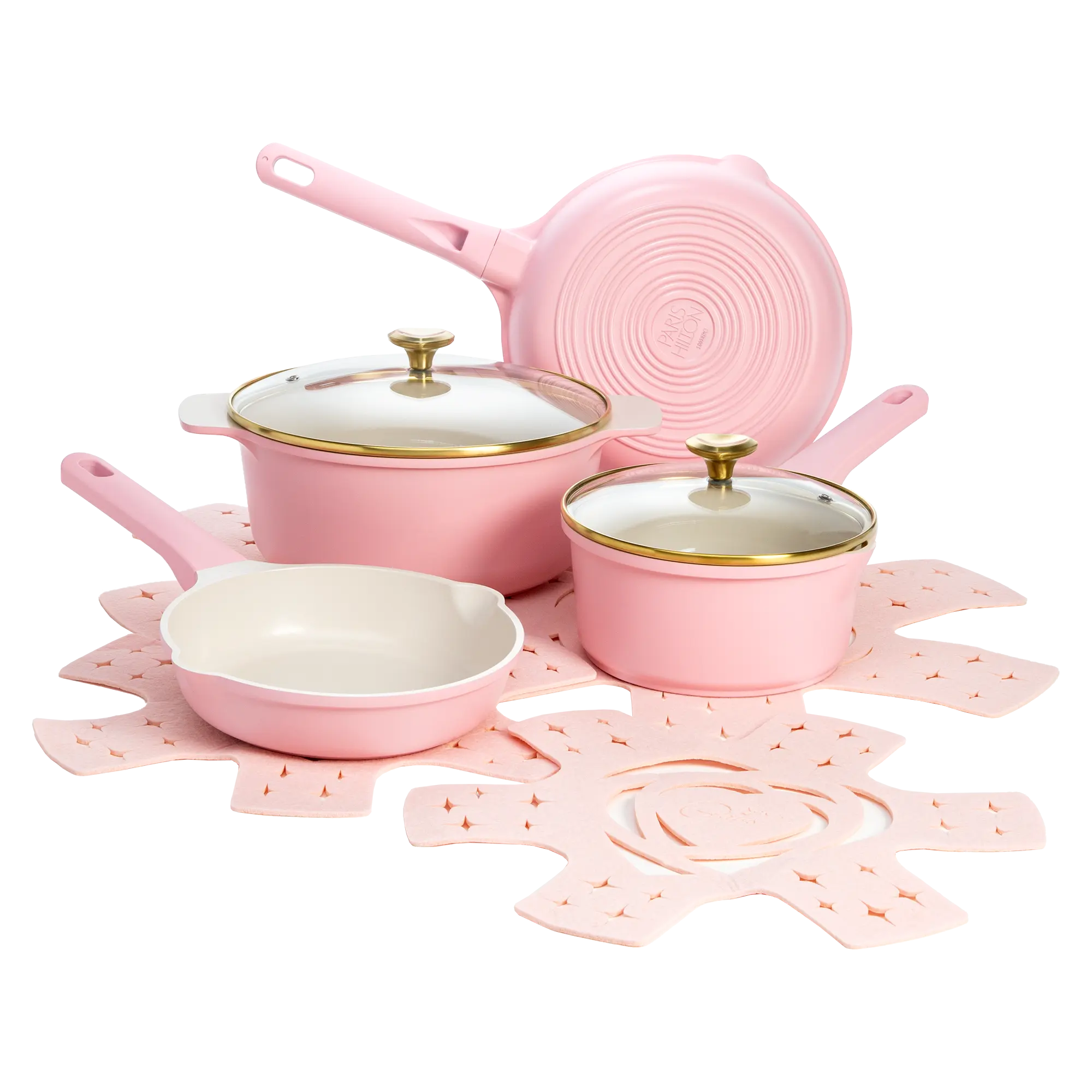 Paris Hilton Clean Ceramic Nonstick 10-Piece Cast Aluminum Pots and Pans Set - Blush Pink Kitchenware with Heart Knobs, Dishwasher Safe