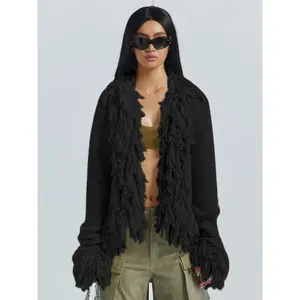 Women's Solid Fringe Trim Long Sleeve Cardigan, Casual Open Front Knit Outerwear for Fall & Winter, Women's Knitwear for Daily Wear