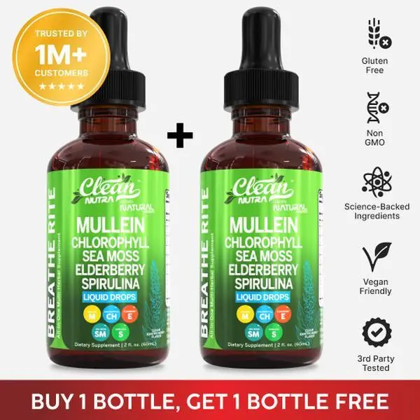 Clean Nutra BOGO | Mullein Chlorophyll Drops for Lungs Detox Organic Liquid Irish Sea Moss, Spirulina, Licorice, Tart Cherry Lobelia, Motherwort & Elderberry Mullein Leaf Extract Tincture Men Women Supplement