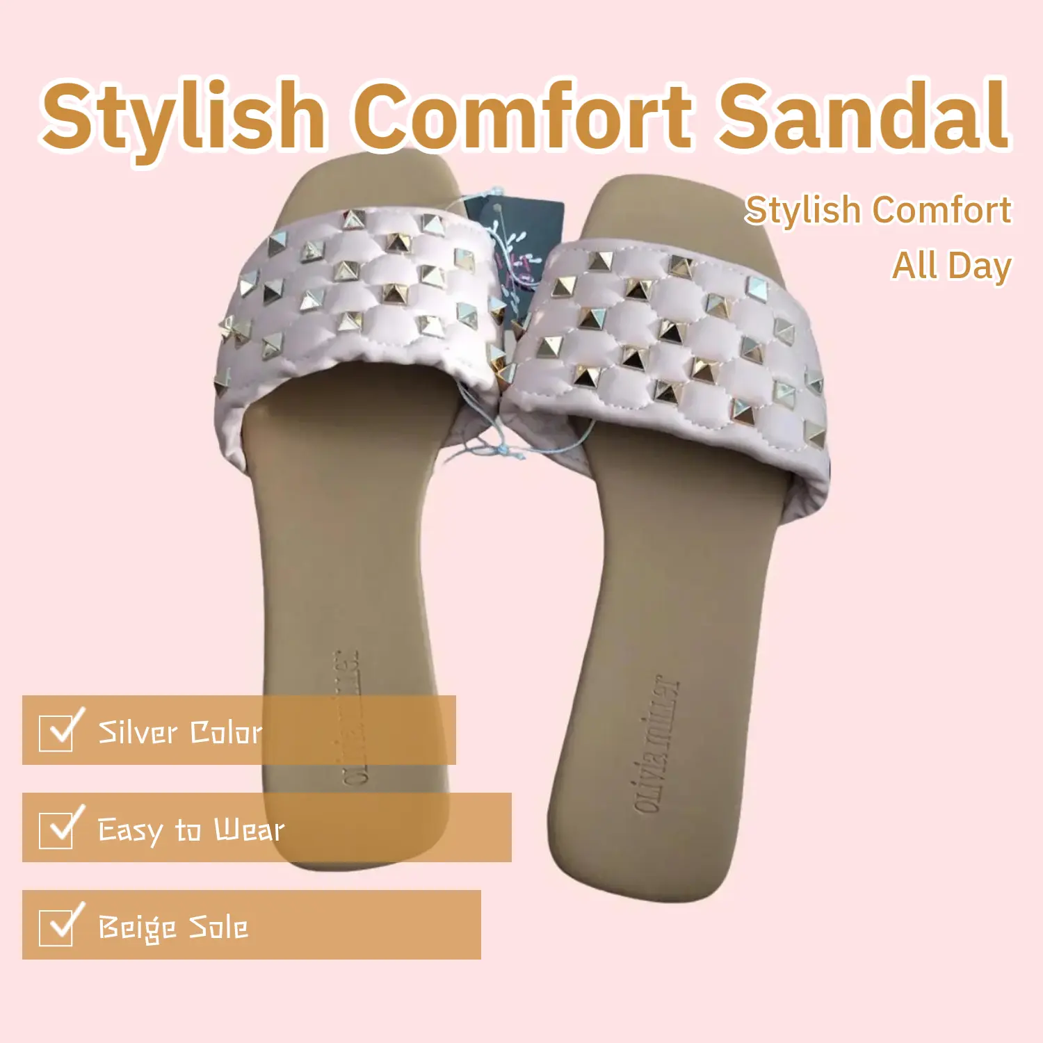 Olivia Miller Shelly Sandal with Silver Studs Comfortable Beige Sole for Women Stylish Versatile Casual Summer Footwear Easy to Wear