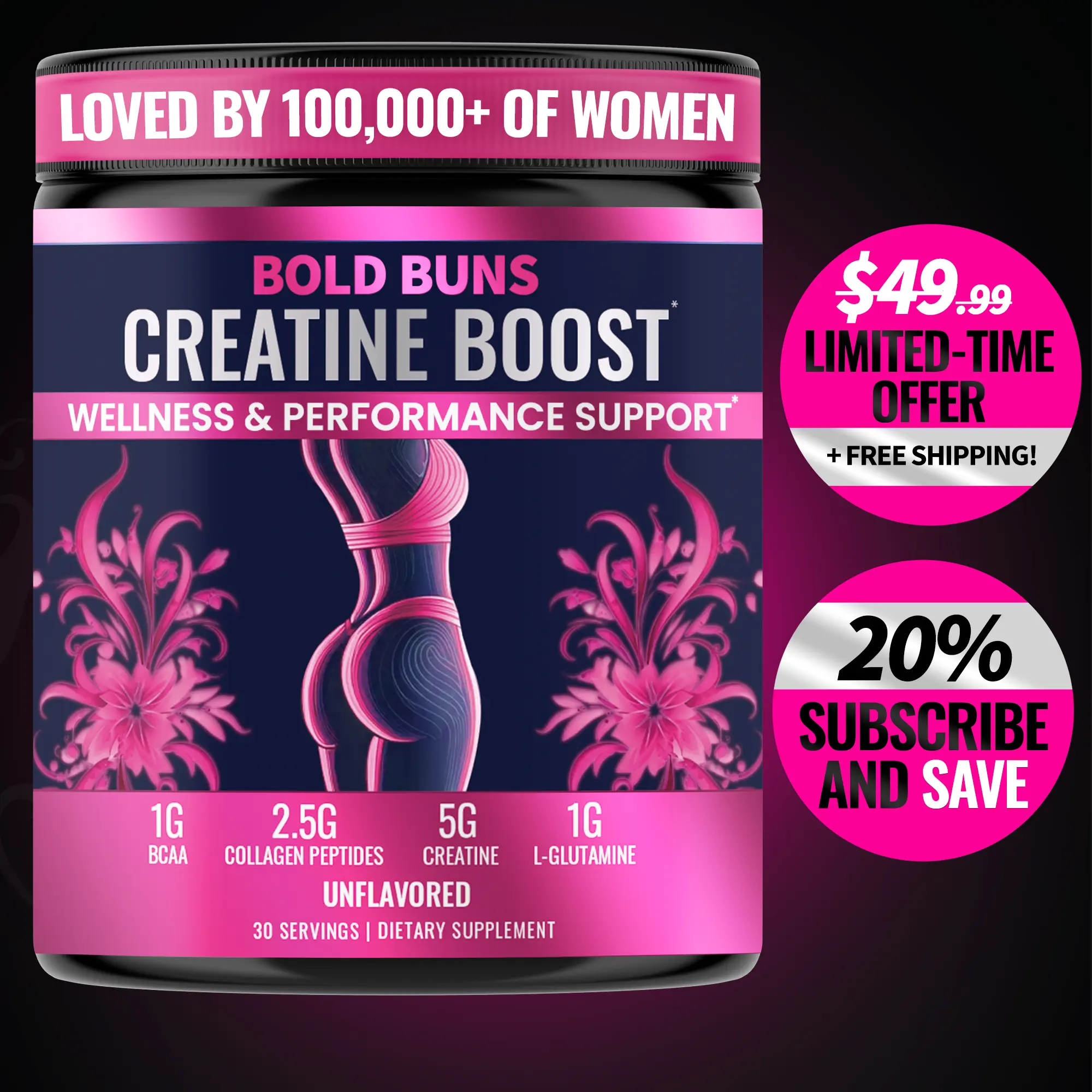 Bold Buns Creatine for Women – Build Strength, Support Skin Glow & Hair Heath, Recover Faster | 30 Servings