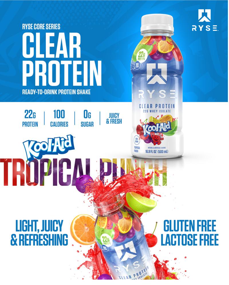 RYSE Clear Protein Shake - Pack of 12 - Whey Isolate 22g Protein, 100 Calories, Sugar-Free, Refreshing Ready-To-Drink Beverage - 16.9 fl oz