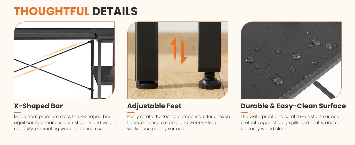 Sweetcrispy L Shaped Desk Computer Gaming Furniture with Reversible Storage Shelves for Home Office PC Table Large Workspace Robust Stability Adjustable Feet