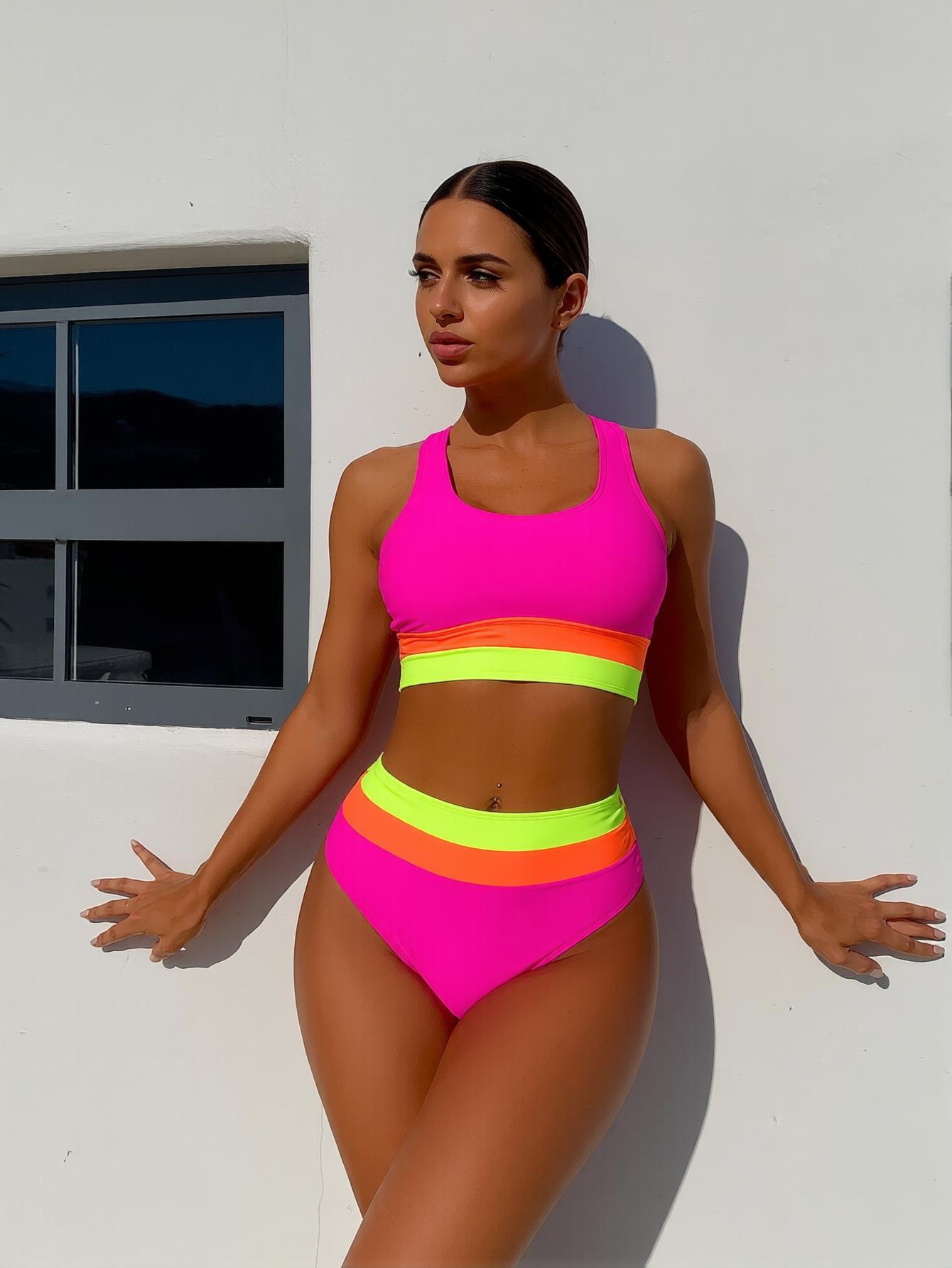 Trending Women's High-Waisted Colorblock Bikini Set - Trendy Two-Piece Swimsuit for Beach Vacation and Sunbathing bathing suit rash guardKA-P221-07