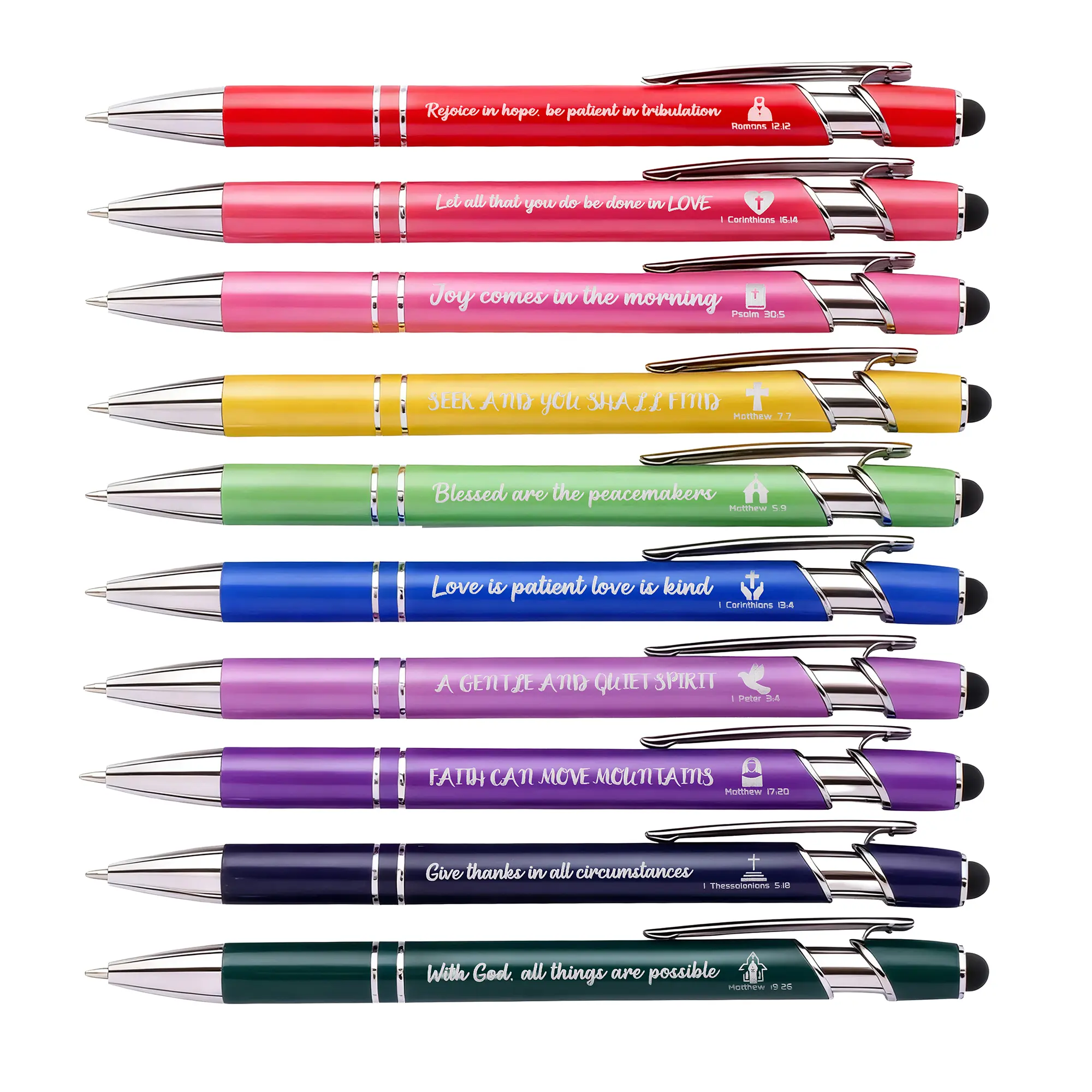 10/20 Pcs Bible Verse Ballpoint Pens with Stylus Tips, Smooth Black Ink, Inspirational Faith Gifts for Women, Cute Office Stationery for Nurses, Church Supplies