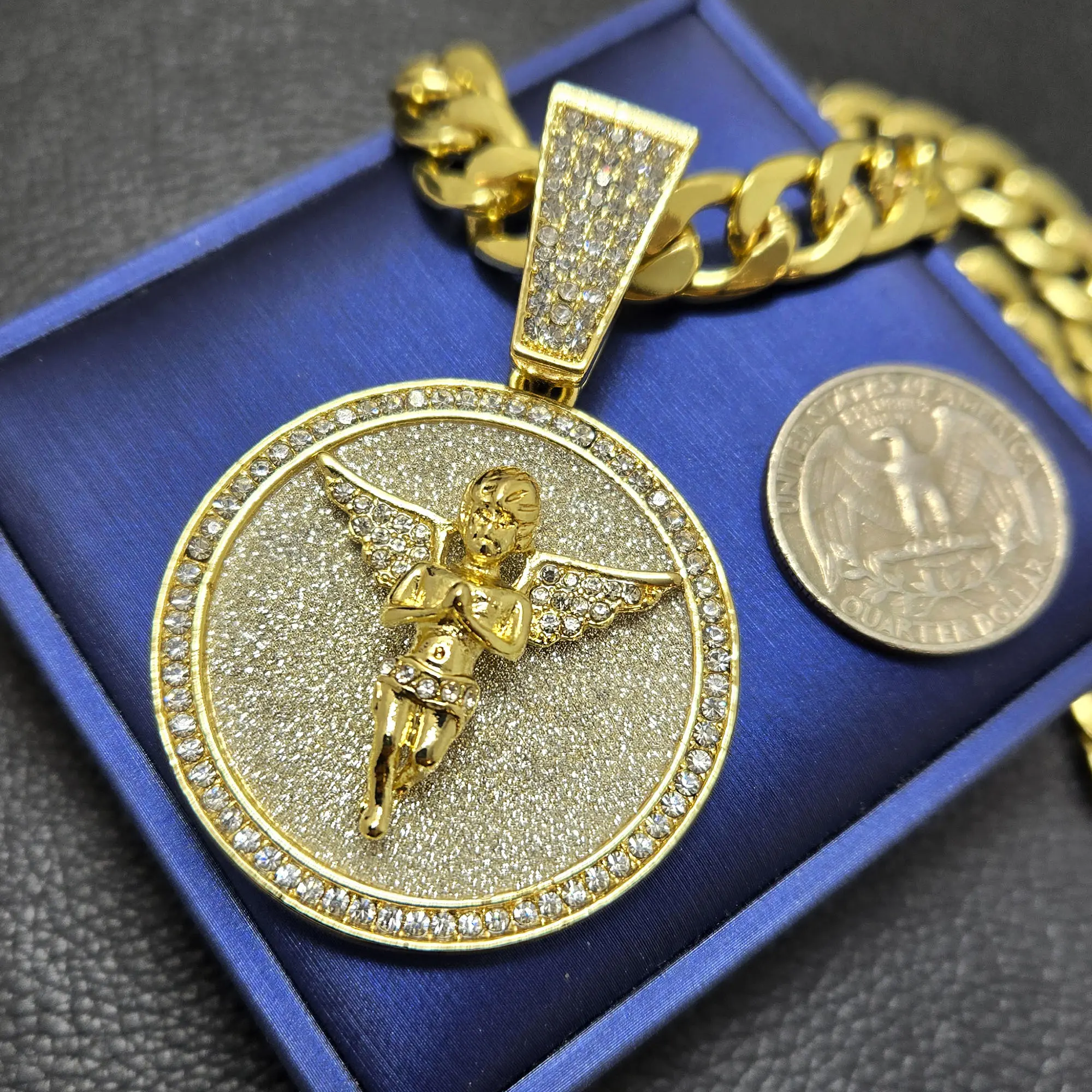 MaxBling81 Large Baby Angel 40mm Round Medal Pendant Statement Necklace, 10mm Iced Gold-Plated Cuban Rope Chain, High-Quality Hip Hop CZ Flash Rhinestones, 18"-30" Unisex Fashion Costume Jewelry Accessory, Circle Chains, Casual, Chain & Link
