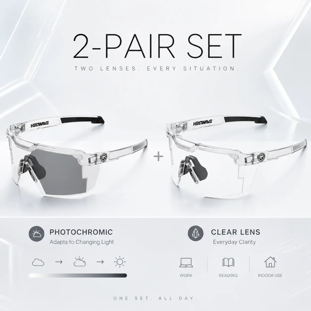 HEATWAVE 2-Pack Sports Glasses Set, Photochromic & Clear Lens Wraparound Eyewear for Cycling, Outdoor Activities, Work and Daily Wear