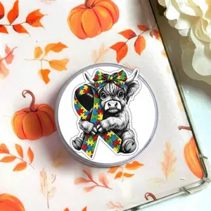 Aesthetic Autism Highland Cow Magnetic Phone Grip, Retro Autism Puzzle Ribbon Magsafe Kickstand, Trendy Neurodiversity Support Western Animal Lover Gift For Her