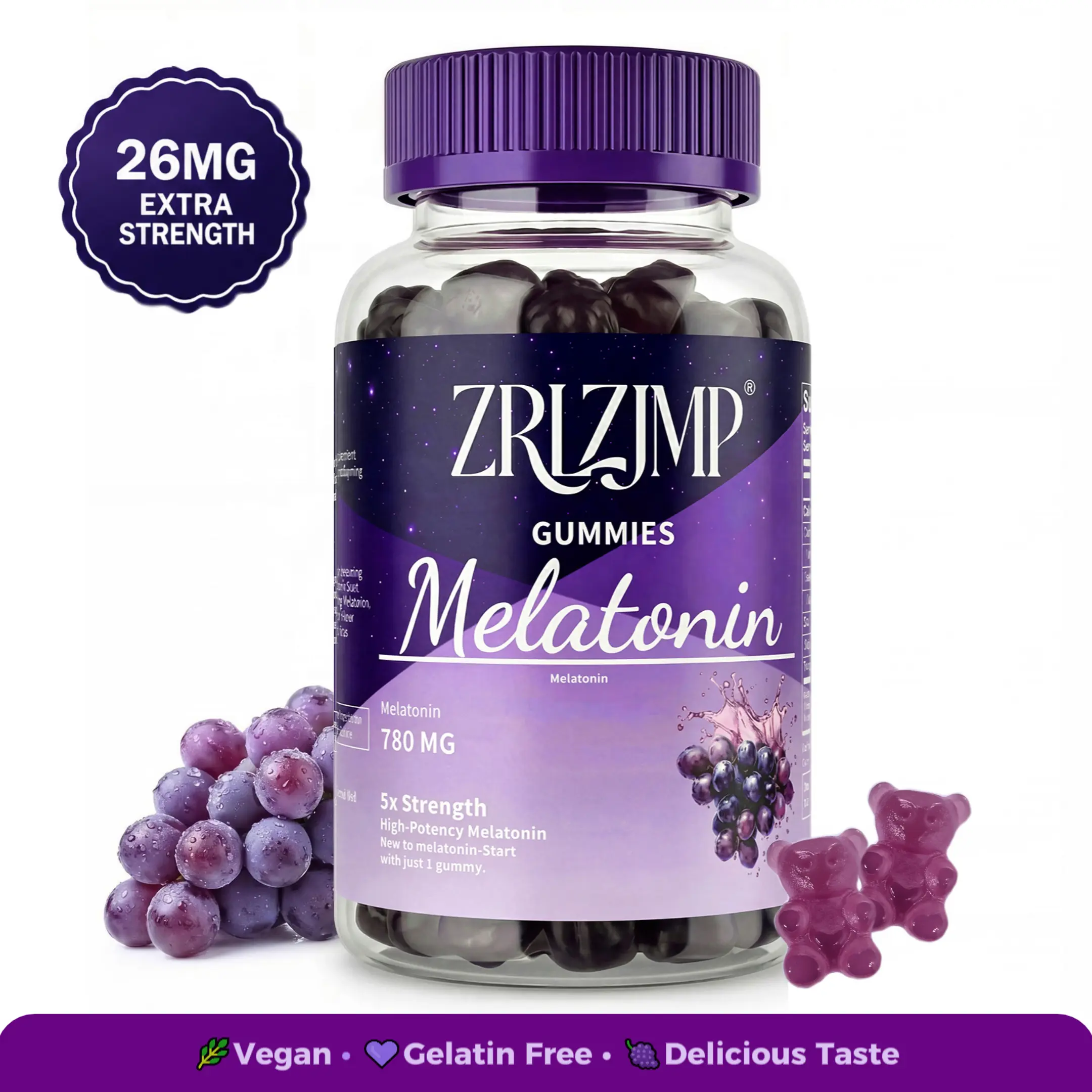 Melatonin Sleep Gummies 26mg – Extra Strength Sleep Support, Grape Bear Gummies for Nighttime Relaxation, 60 Count