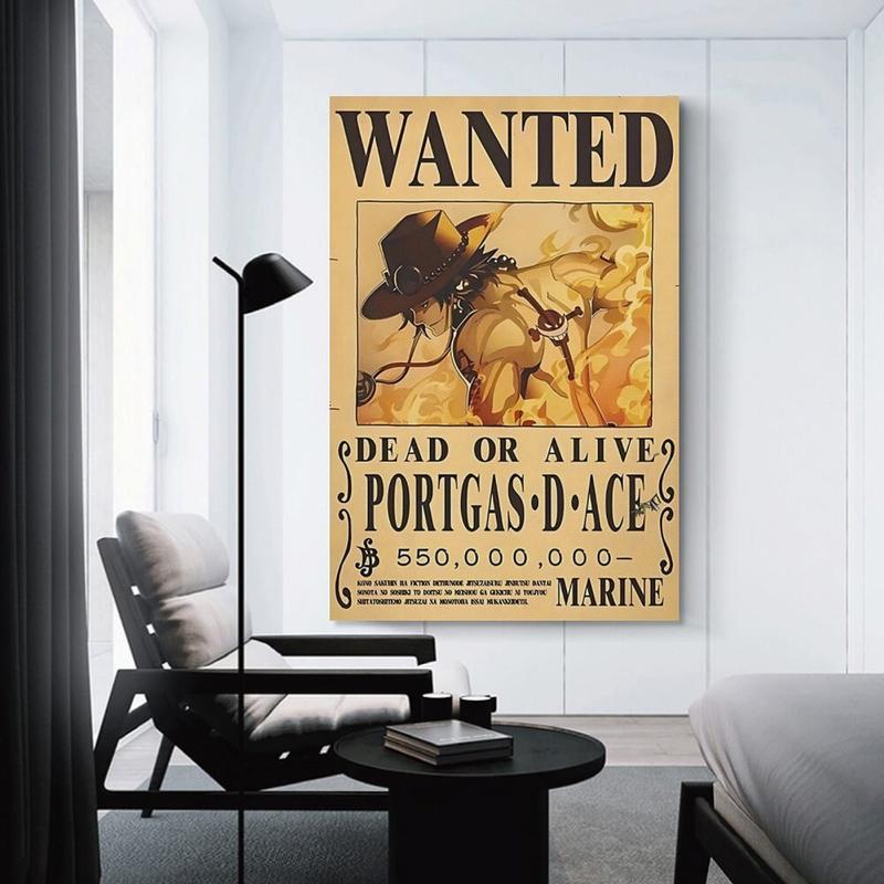 "Fire Fist Ace" popular Japanese anime One Piece wanted poster canvas art print, featuring high-quality dynamic artwork. This urban-style wall decor is perfect for bedrooms, studies, and studios, with the cartoon image printed on canvas.