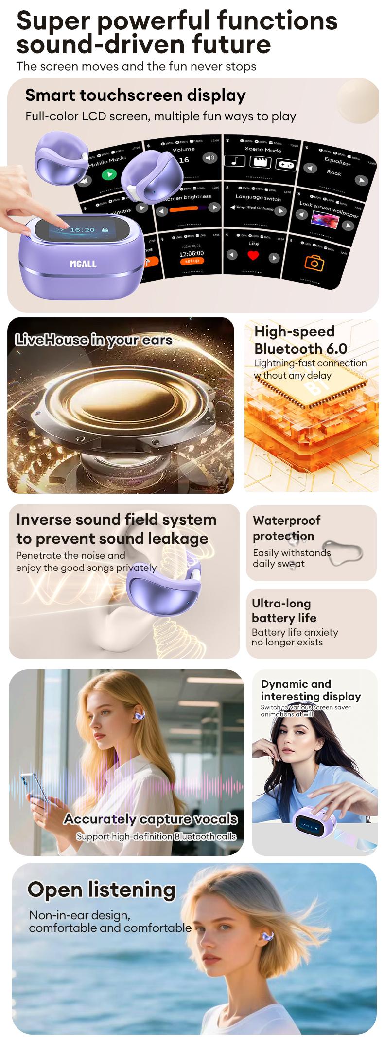 MGALL C100 Multifunctional Clip-On Wireless Headphones with 2025 Bluetooth 6.0, LED Touch Screen, Prevent Earphone Loss, Audio Earbuds for Music & Calls, Ideal Gift for Men & Women