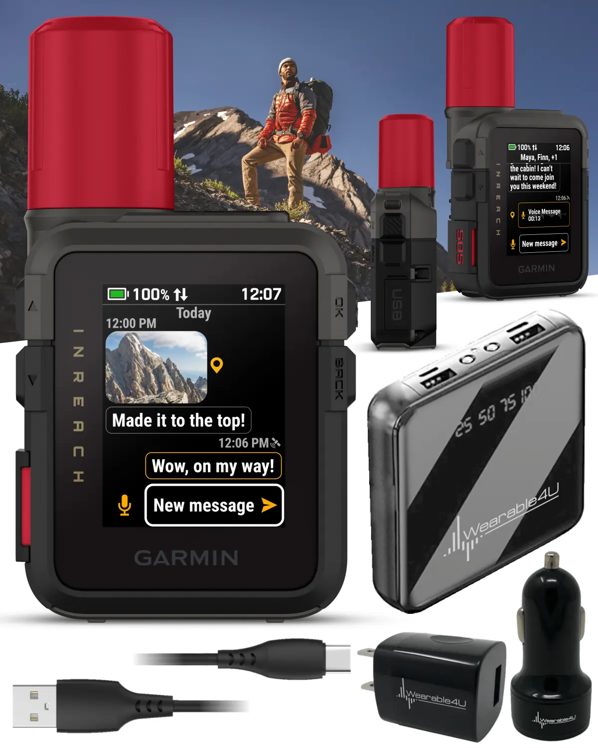 Garmin inReach Mini 3 Plus Handheld Compact Rechargeable Satellite Communicator Device w/ Photo, Voice Messaging (010-03387-10) + Wearable4U Bundle