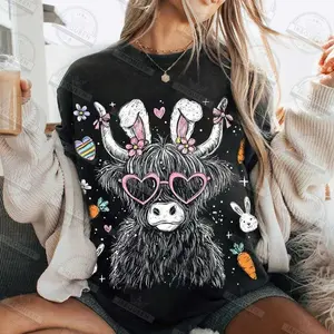 Comfort Colors Retro Western Highland Cow Easter Shirt, Playful Bunny Ears Cow Tee, Vintage Coquette Spring Outfit, Trendy Boho Desert Easter Design, Aesthetic Oversized Country Holiday Top
