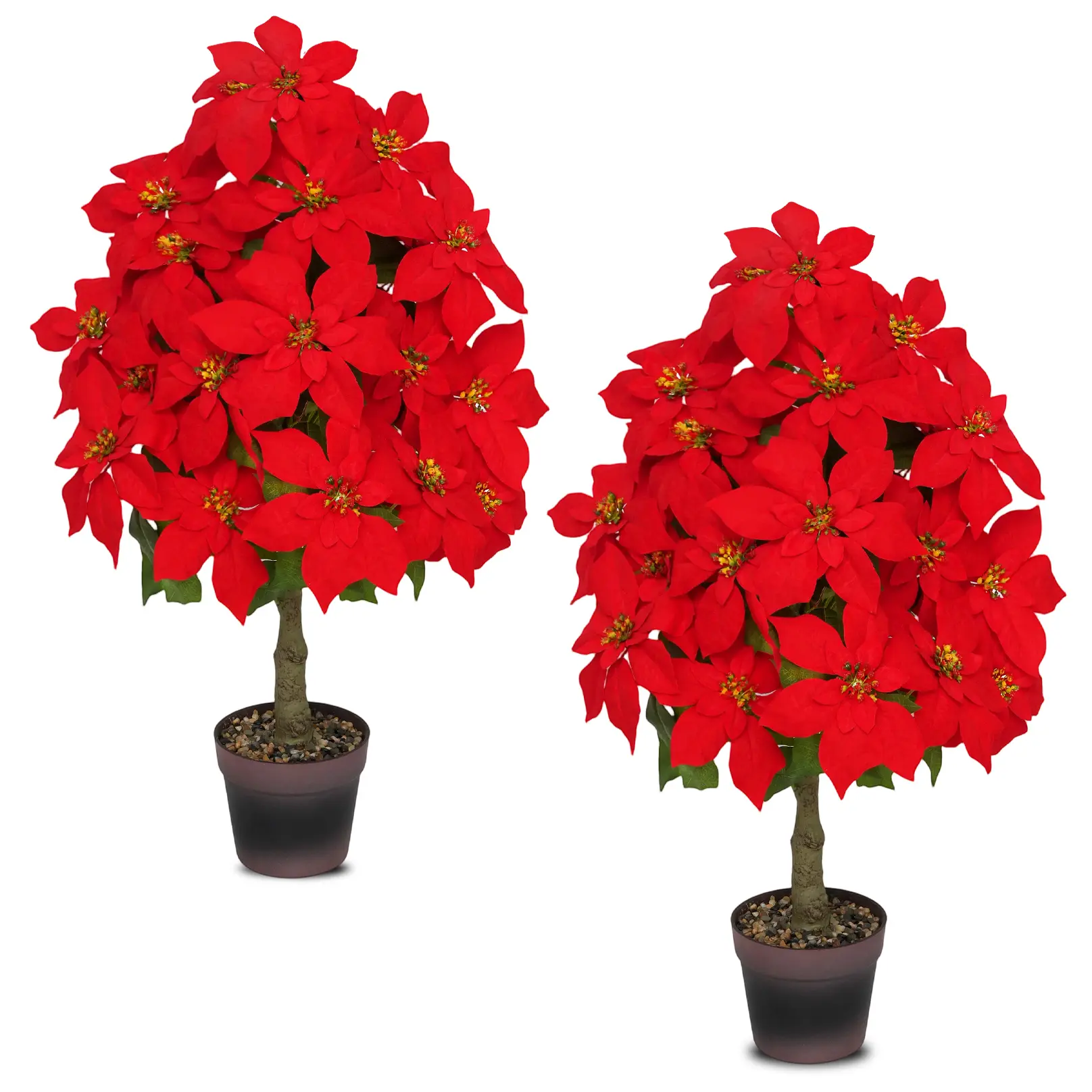 2 Pcs 3-Foot Artificial Potted Poinsettia. Christmas Red Potted Plant. Includes Decorative Pebbles and Planter. Suitable for Porch, Patio, Indoor, Outdoor, and Home Christmas Decor.
