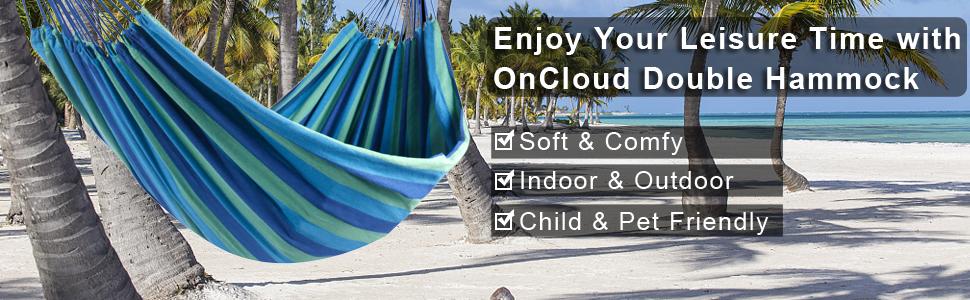 ONCLOUD Extra Long and Wide Double Hammock for Travel Camping Backyard, Porch, Outdoor or Indoor Use, Carrying Pouch Included (Blue/Green Stripes)