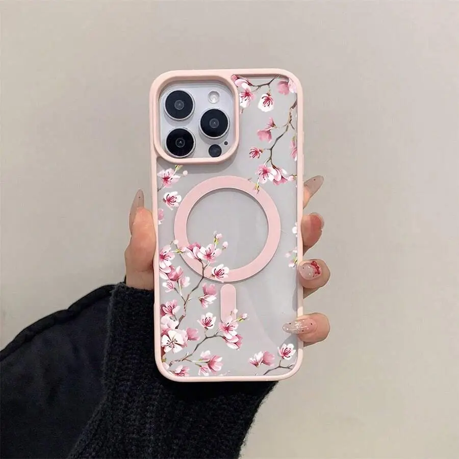 Pink Cherry Blossom Aesthetic Phone Case Cover for iPhone 16,15,14,13,12,11,X,XS, Slim TPU Casing, Anti-Slip Scratch-Resistant Protection, Birthday Gift Accessory for Her, Accessories