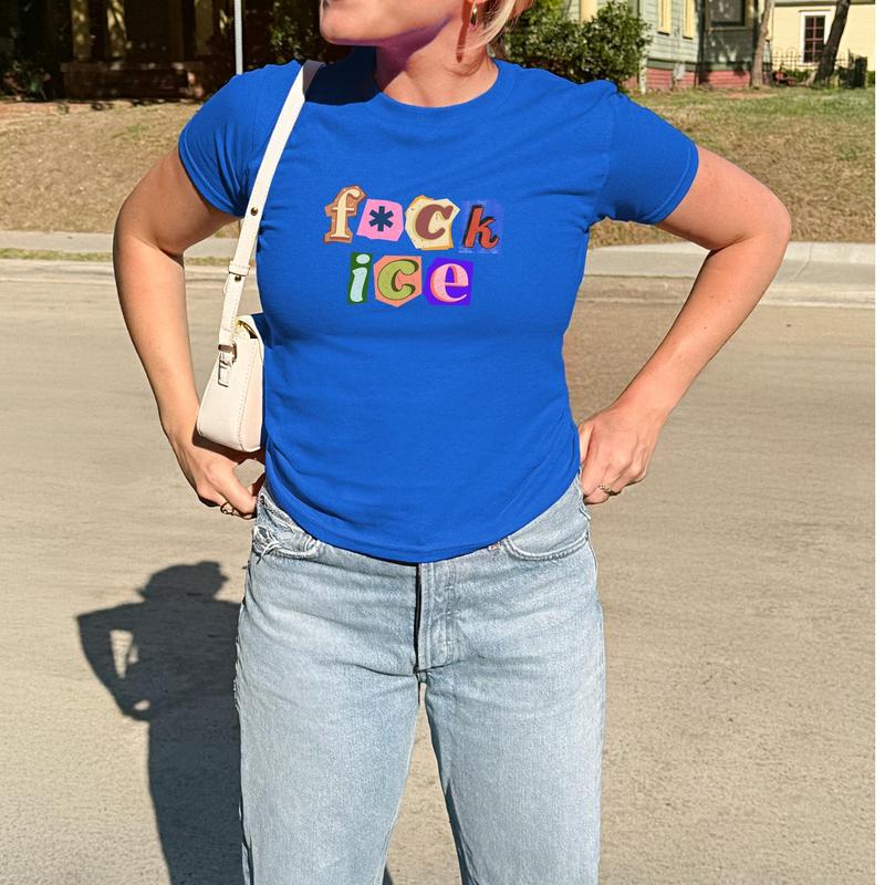 [Sale Up To 50%] Anti Ice Magazine Letter Baby Tee, Fuck ICE Y2K Shirt, Protect Immigrants Tee, No Human Is Illegal Top, Activist Graphic Baby Tee, FDT