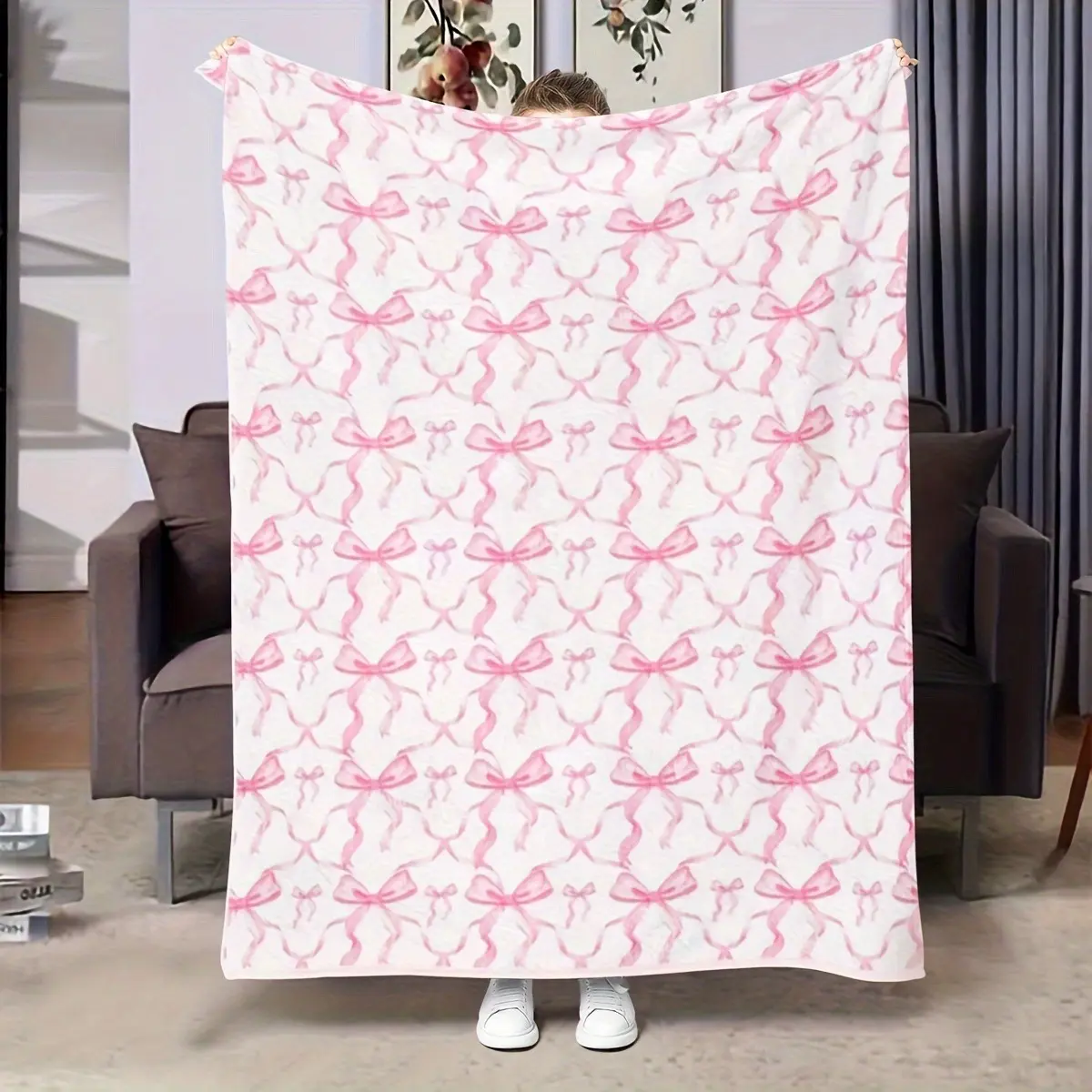Cute Theme Flannel Fabric Blanket - Coquette Pink Bow, Ribbon Pattern, Plush Finish, Soft Warm, Multi-Size, Ideal Birthday Gift for Girls, Home Use Decor for Dorm Bedroom Sofa, Ribbon Motif
