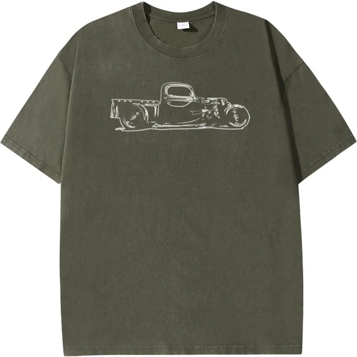 Steampunk Style Washed T-Shirt Featuring Rust Bucket Outline Rat Rod Hot Rod Design