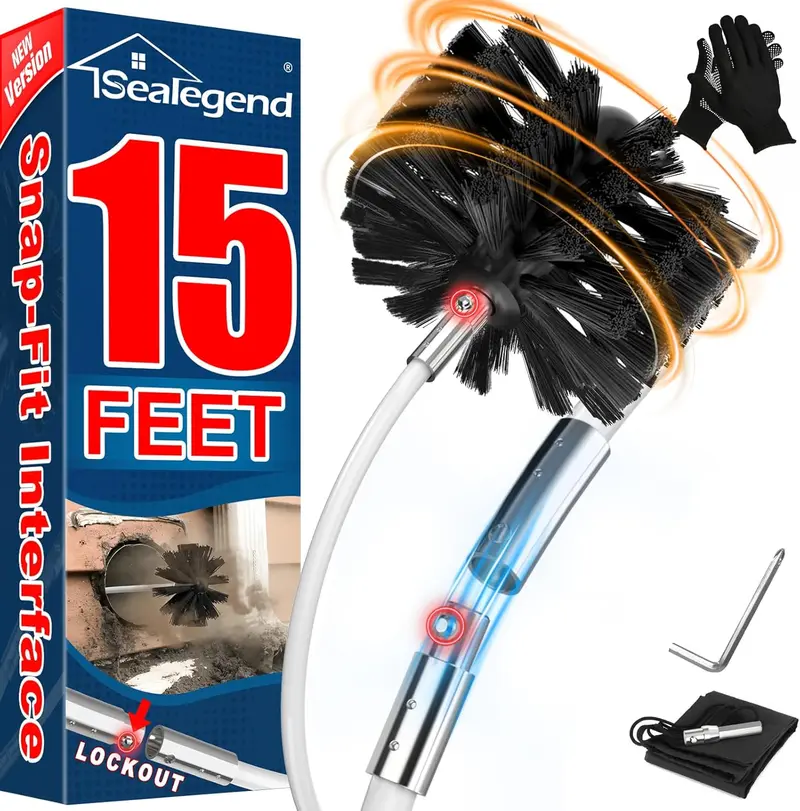 15 Feet Dryer Vent Cleaner Kit/Lint Remover/Upgraded Flexible Quick-Snap Brush with Drill Attachment/Fireplace Chimney Brushes for Easy to Clean/Cleaning Tool Use with or Without Power Drill