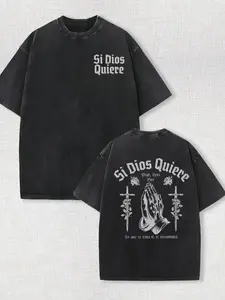 Women's Heavyweight 230gsm Batik Cotton T-Shirt Spanish Religious Prayer Our Lady of Guadalupe Print Loose Fit Short Sleeve Casual Streetwear Catholic Faith Apparel Gift for Family Gatherings Blue - Vintage, Top