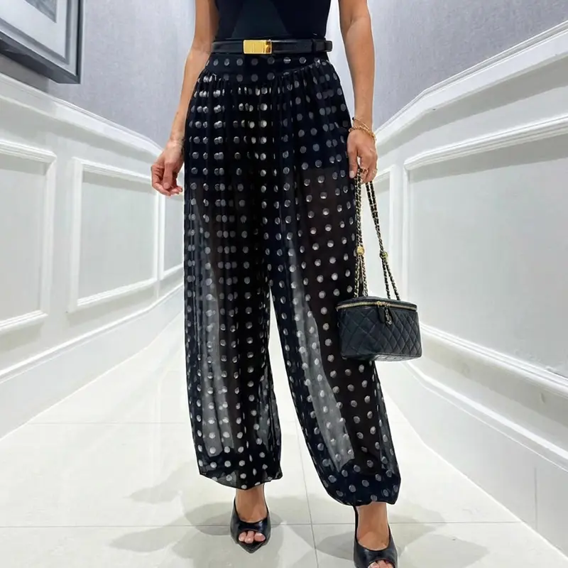 CHICME Women's Polka Dot Sheer Lantern Pants High Waist Loose Fit Harem Pants Vintage See-Through Trousers with Lining
