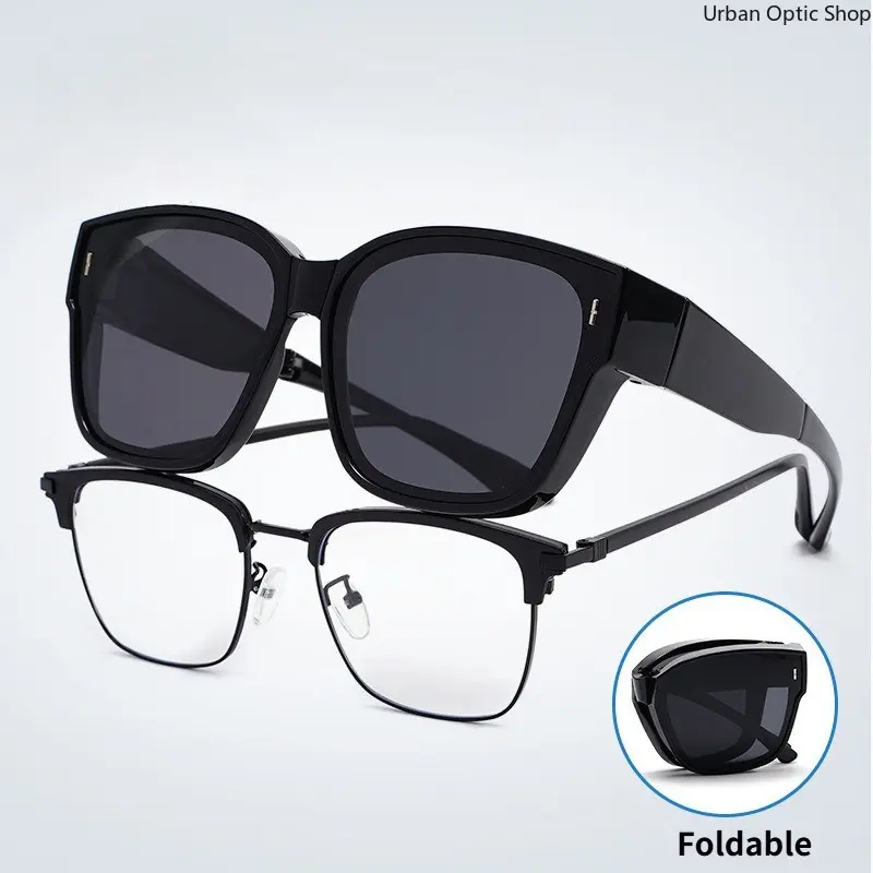 XUH Foldable Polarized Fit Over Sunglasses - UV400 UV-Resistant Side Shield Oversized Square Shades for Prescription Glasses, Anti-Glare Windproof Men's Eyewear for Driving, Outdoor Use, Polarised Men's Sunglasses, Uv-Resistant Men's Sunglasses