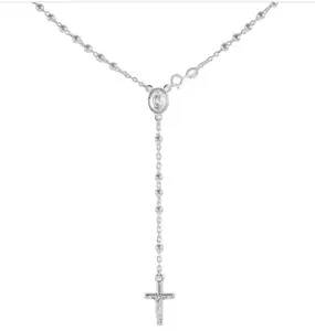925 Sterling Silver Italian 3mm Rosary Beads Chain with Cross Necklace 20" Rosario