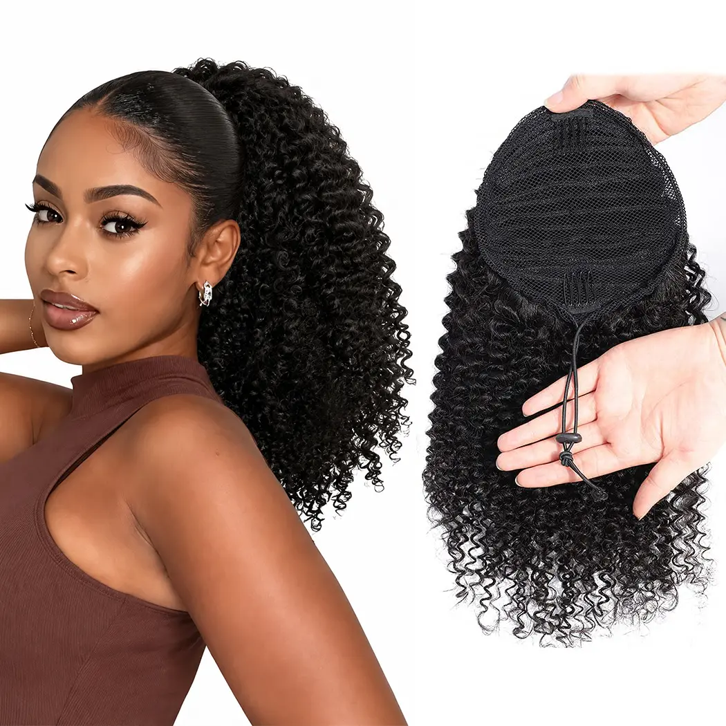 20 Inch Drawstring Ponytail Extension for Black Women Deep Curly Ponytail Extension Synthetic Hair Hairpieces Afro Kinky Curly Pony Tail for Daily Use (Black)