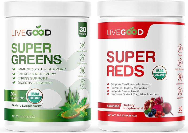 LiveGood Super Greens & Super Reds Bundle – USDA Organic Superfood Powder for Immune Support, Energy, Circulation, Digestive & Cognitive Health (30 Servings Each) LiveGood Super Greens & Super Reds Bundle – USDA Organic Superfood Powder for Immune Support, Energy, Circulation, Digestive & Cognitive Health (30 Servings Each)