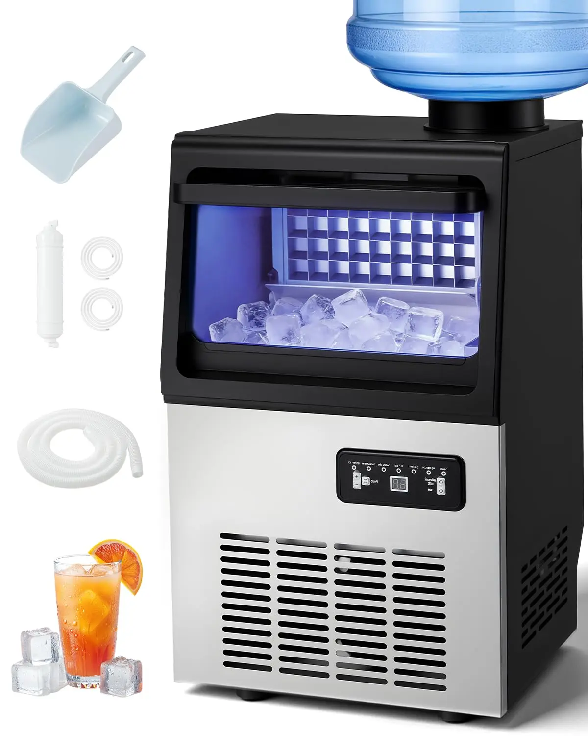 AECOJOY Freestanding Commercial Ice Maker, 90 lbs Daily Ice Production Under Counter Ice Machine, Stainless Steel Ice Maker with 22 lbs Storage, Dual Water Supply, Self-Cleaning Function & Timer for Bar, Cafe, Restaurant