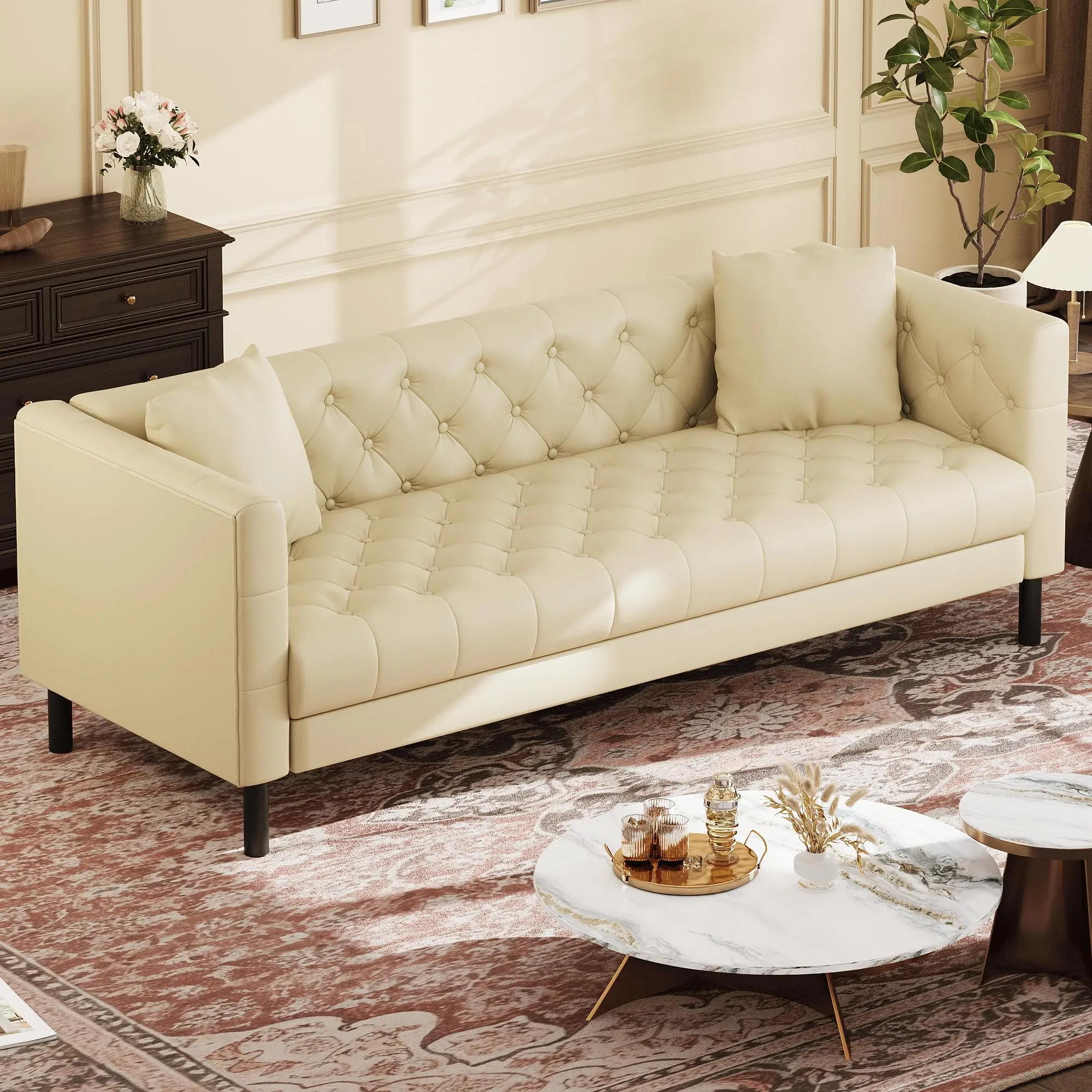 Garvee 81" Mid-Century Modern Beige Leather Chesterfield Sofa for Living Room or Office, 3-Seater Couch with Deep Seats, Button Tufted Design, Includes 2 Pillows, Ideal for Apartments