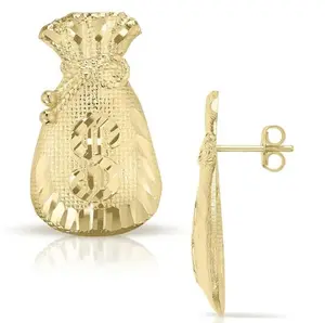 Dollar Bill Earrings 14k Gold Plated Moneybag Dollar Sign Push Back Stud Earrings for Men Lucky Symbol Gift Hip Hop Style Jewelry