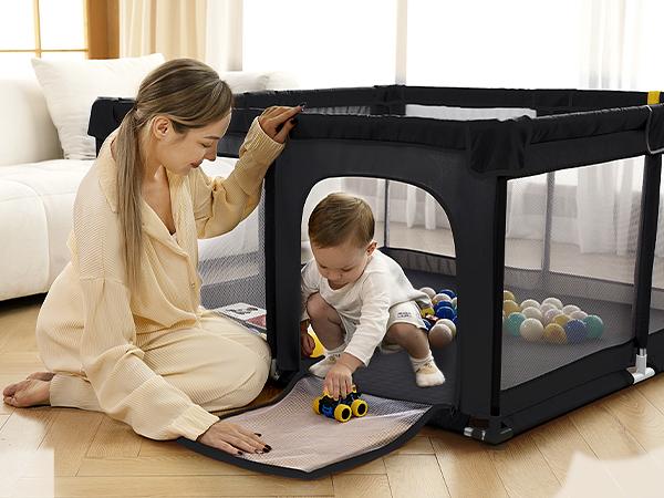dearlomum 50" x 50"/ 71" x 59"Extra Large Baby Playpen for Babies and Toddlers, Safe Activity Center with Soft Play Fence, Indoor Safety Yard, Easy to Assemble and Clean，Noneremovable waterproof thick mat (Black/Gray)