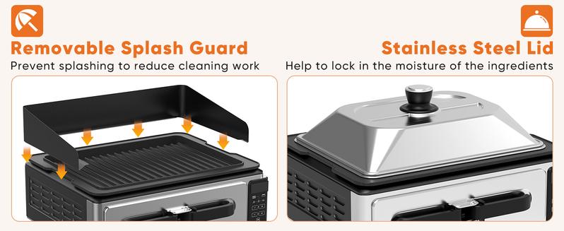 Sweetcrispy Electric Grill Indoor for Steak & Veggies Smokeless Griddle with Lid Temp Control Grill Plate Splash Guard Crumb Tray 2-in-1 Multifunctional Cooking Modes Pizza Toast Grill Warm