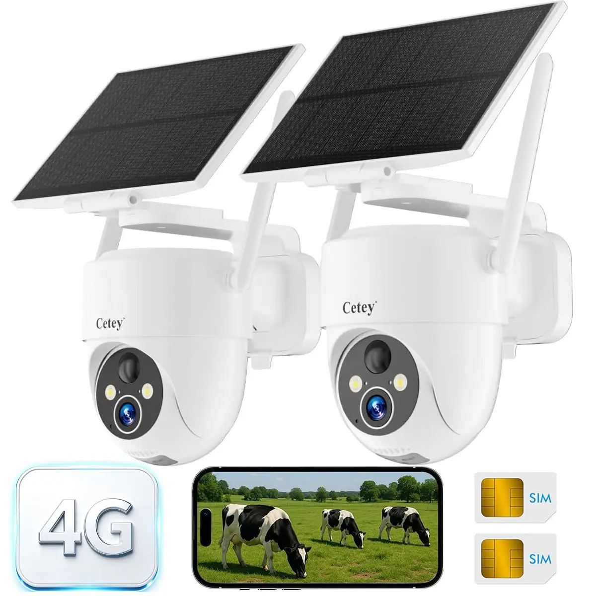 Cetey 4G LTE Cellular Security Camera, Wireless Outdoor Solar Powered 2 Pack (No WiFi Camera), 3MP 2K Color Night Vision, PIR Motion Detection, 2-Way Audio, SIM Card Included, Home & Jobsite (White)