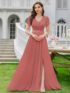 Miusol 33014 Women's Elegant V Neck Floral Petal Sleeve Lace Contrast Chiffon Split Bridesmaid Party Long Dress