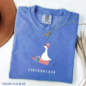Comfort Colors Funny Fourth of July T-Shirt, Firequacker Goose Tee, USA Patriotic T-Shirt, Soft Cotton Fabric Crewneck Tee