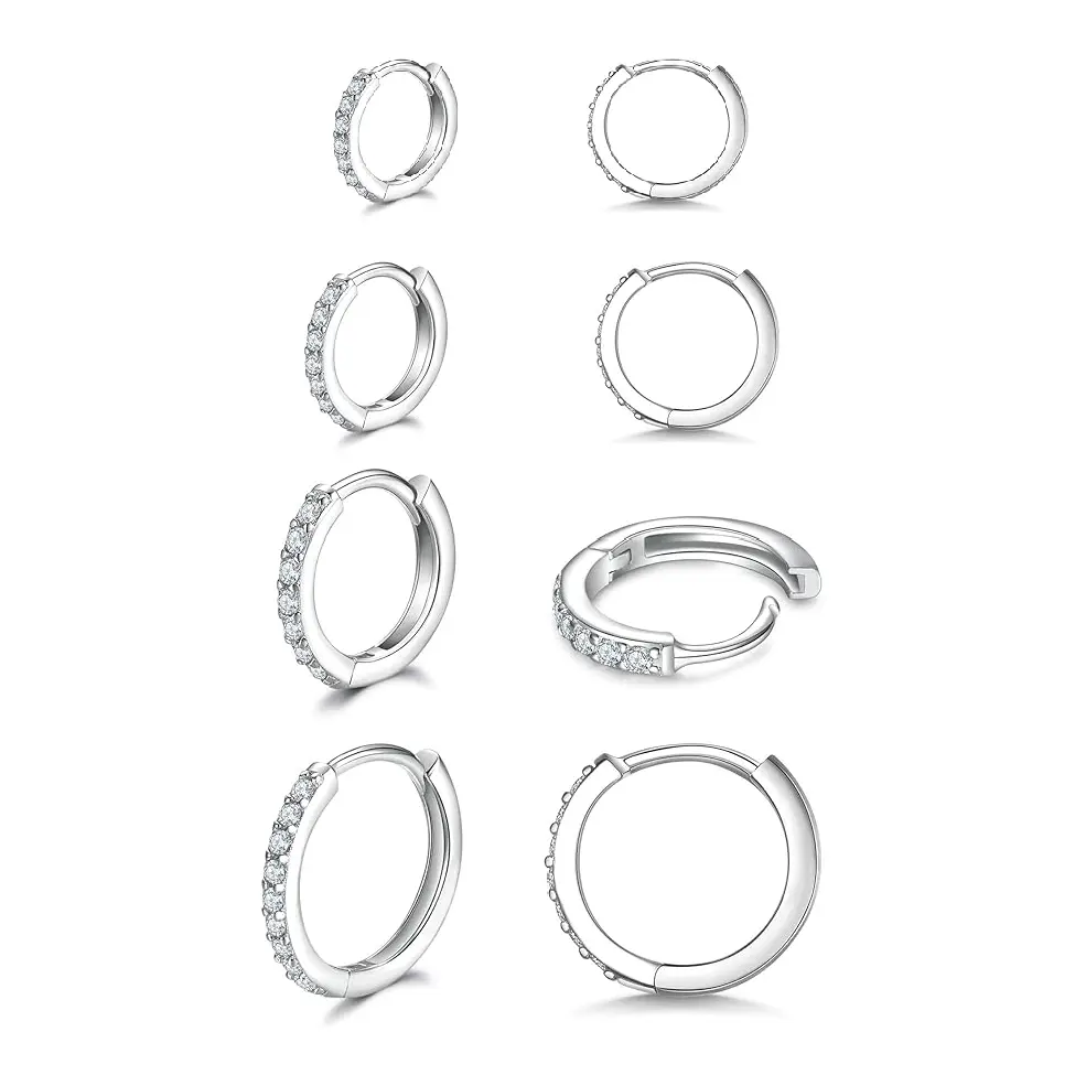 925 Silver Small Hoop Earrings Cubic Zirconia Huggie Hoop Earrings, 4 Pairs Gold Plated Cartilage Piercing Earrings Ear Cuff Tiny Hoop Earrings for Women Men
