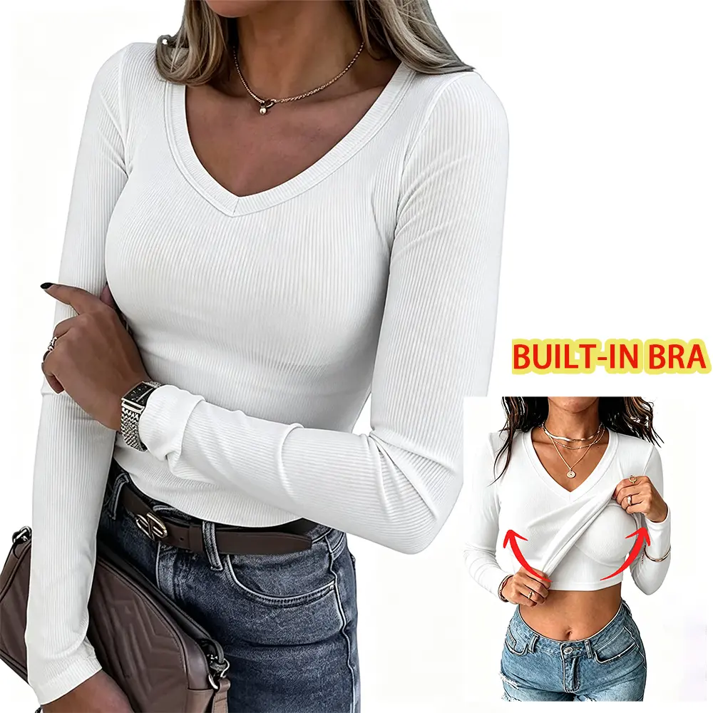 Women's Built-in Bra Long Sleeve Ribbed Knit Top | V Neck Design, Fitted Basic Tee, Soft Stretch Fabric, Easy Layering Style, Casual Daily Wear, Fall Travel Outfits