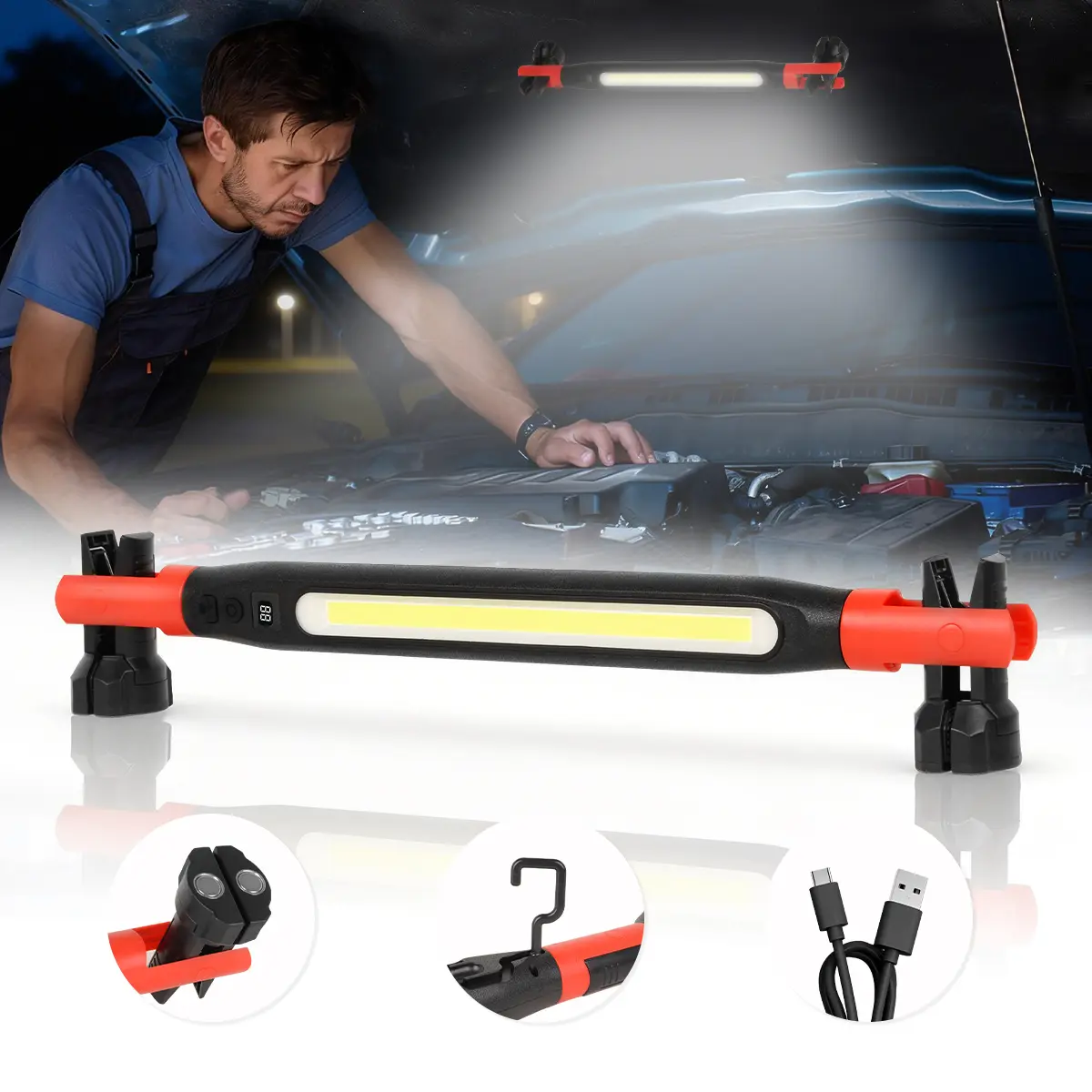 3000LM Cordless Under Hood Work Light, 5200mAhUSB-C Rechargeable LED Work Light Bar, 3 Color TempModes Magnetic Hook Work Light, Portable MechanicLight for Car Repair Garage Job Site Workshop