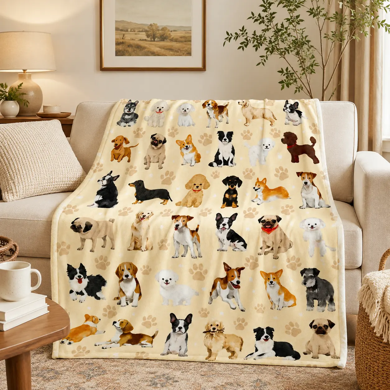 Multi-Breed Dog Paw Print Flannel Blanket - Soft, Cozy, Warm Fuzzy Plush Throw, Ideal Birthday Gift for Dog Lovers, Home Decor for Bedrooms & Sofas
